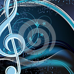 Blue music floral background: melody, notes, key, swirly.