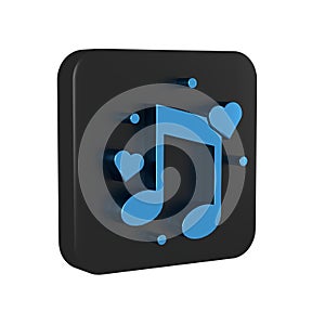 Blue Music note, tone with hearts icon isolated on transparent background. Black square button.