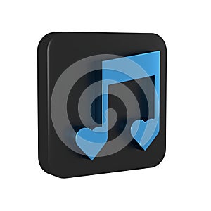 Blue Music note, tone with hearts icon isolated on transparent background. Valentines day. Black square button.