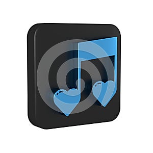 Blue Music note, tone with hearts icon isolated on transparent background. Valentines day. Black square button.