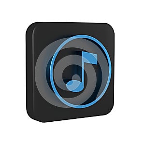 Blue Music note, tone icon isolated on transparent background. Black square button.
