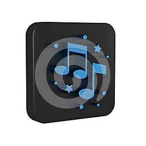 Blue Music note, tone icon isolated on transparent background. Black square button.