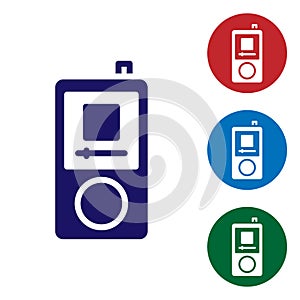 Blue Music player icon isolated on white background. Portable music device. Set icons in color square buttons. Vector