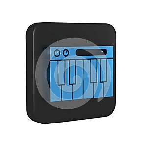 Blue Music synthesizer icon isolated on transparent background. Electronic piano. Black square button.