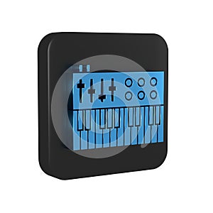 Blue Music synthesizer icon isolated on transparent background. Electronic piano. Black square button.