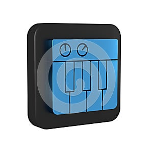 Blue Music synthesizer icon isolated on transparent background. Electronic piano. Black square button.