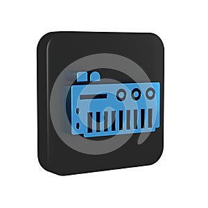 Blue Music synthesizer icon isolated on transparent background. Electronic piano. Black square button.