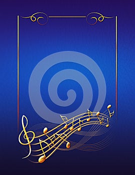 Blue musical background with gold frame notes and treble clef
