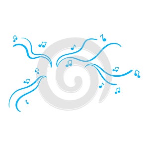 Blue musical notes flowing in the air, rhythm and melody concept. Abstract music note waves with floating clefs and