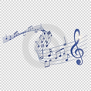 Blue musical notes melody on transparent background