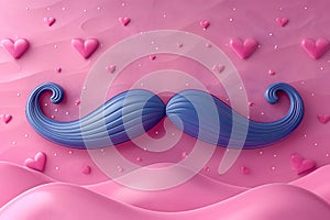 Blue Mustache on Pink Background With Hearts Generative AI