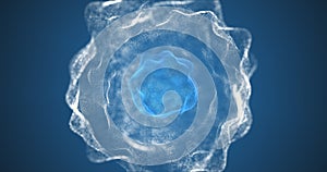 A blue mutating ball inside a sphere of white matter on a blue background.