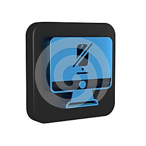 Blue Mute microphone on computer icon isolated on transparent background. Microphone audio muted. Black square button.