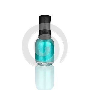 Blue nail polish glass bottle, mirror reflection white background isolated close up, light blue closed varnish package, turquoise