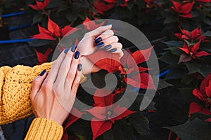 Blue nail polish manicure with red flower poinsettia.