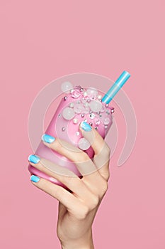 Blue Nails. Woman With Soda Can In Hands