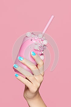 Blue Nails. Woman With Soda Can In Hands