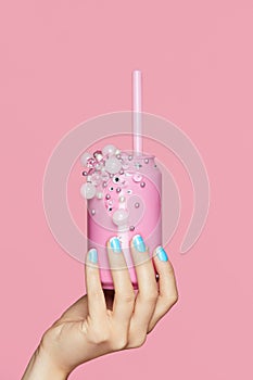 Blue Nails. Woman With Soda Can In Hands