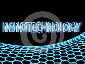 blue nanotechnology text in ray lights and blue graphene structure on black background photo