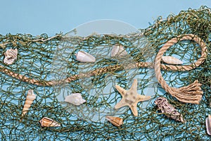 Blue nautical background with sea shells, starfishes and fishing net. Assorted marine animals