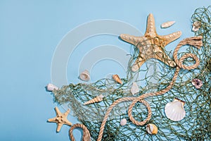 Blue nautical background with sea shells, starfishes and fishing net. Assorted marine animals