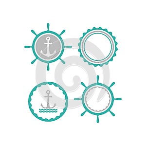 Blue nautical labels set. helm and anchor isolated on white. Ship and boat steering wheel sign