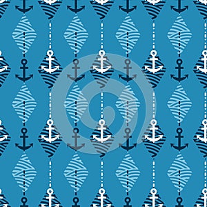 Blue Nautical Ocean Ship Anchor Vector Graphic Geometric Seamless Pattern