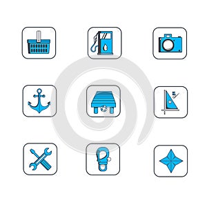Blue navigation sailing and map vector icons set