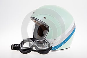 Blue neo retro Motorcycle Helmet with vintage retro Goggles