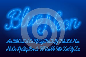 Blue Neon alphabet font. Blue neon color lowercase and uppercase script letters.