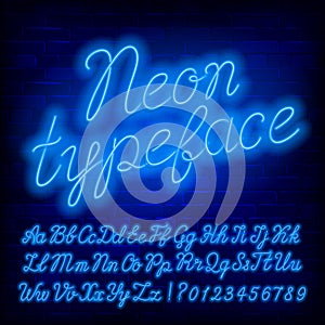 Blue Neon alphabet font. Blue neon color lowercase and uppercase script letters and numbers.