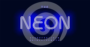Blue Neon alphabet, luminous vibrant typeface, nightlife electrifying glow. Font for club logos, casino signs