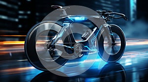 Blue neon bicycle racing on vibrant light track through dynamic city in creative blurred motion