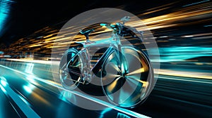 Blue neon bicycle racing on vibrant light track through dynamic city in creative blurred motion