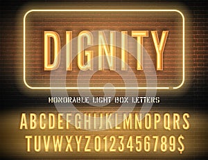 Blue neon box narrow font and vector Dignity night light sign