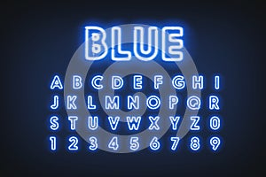 Blue neon capital letters and numbers, helium lighting font