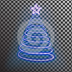 Blue neon Christmas tree. Light tree effect with big star