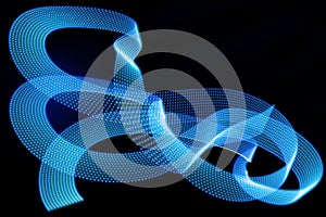 Blue neon curved wave of light as curls, spiral of dotted stripes on black background, pattern.