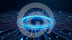 Blue Neon Digital Vortex: Abstract Technology Core and Circuit Board Matrix