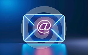 Blue neon email icon on dark blue background. 3D Rendering
