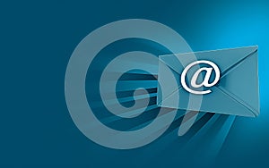 Blue neon email icon on dark blue background. Copy space