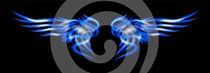 Blue neon glowing abstract blue wings. Isolated, strewn with sparks on dark, black background. Vector