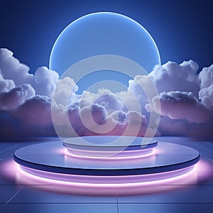 blue neon glowing frame ring glow light podium stage, clouds background for Cosmetic blue with light background and premium,