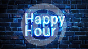 Blue neon Happy Hour sign on dark brick wall.