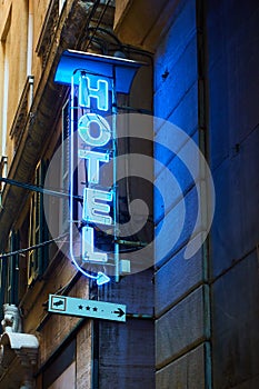 Blue neon hotel sign