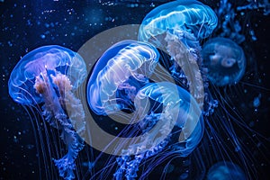 Blue neon jellyfishes in underwater space