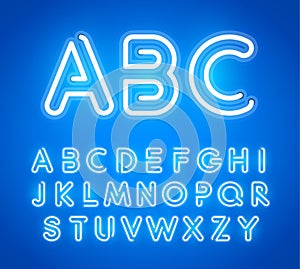 Blue Neon Letters Set. Bright Glowing Font. Latin Alphabet from Luminous Neon Tubes. ABC for Bar, Casino Poster Template