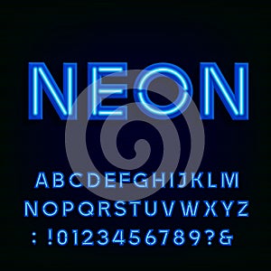 Blue neon light alphabet font.