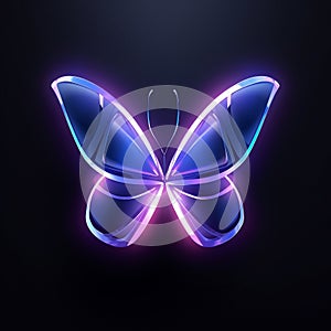 a blue neon light glowing butterfly icon on dark background generative AI