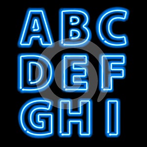 Blue neon light glowing letters set